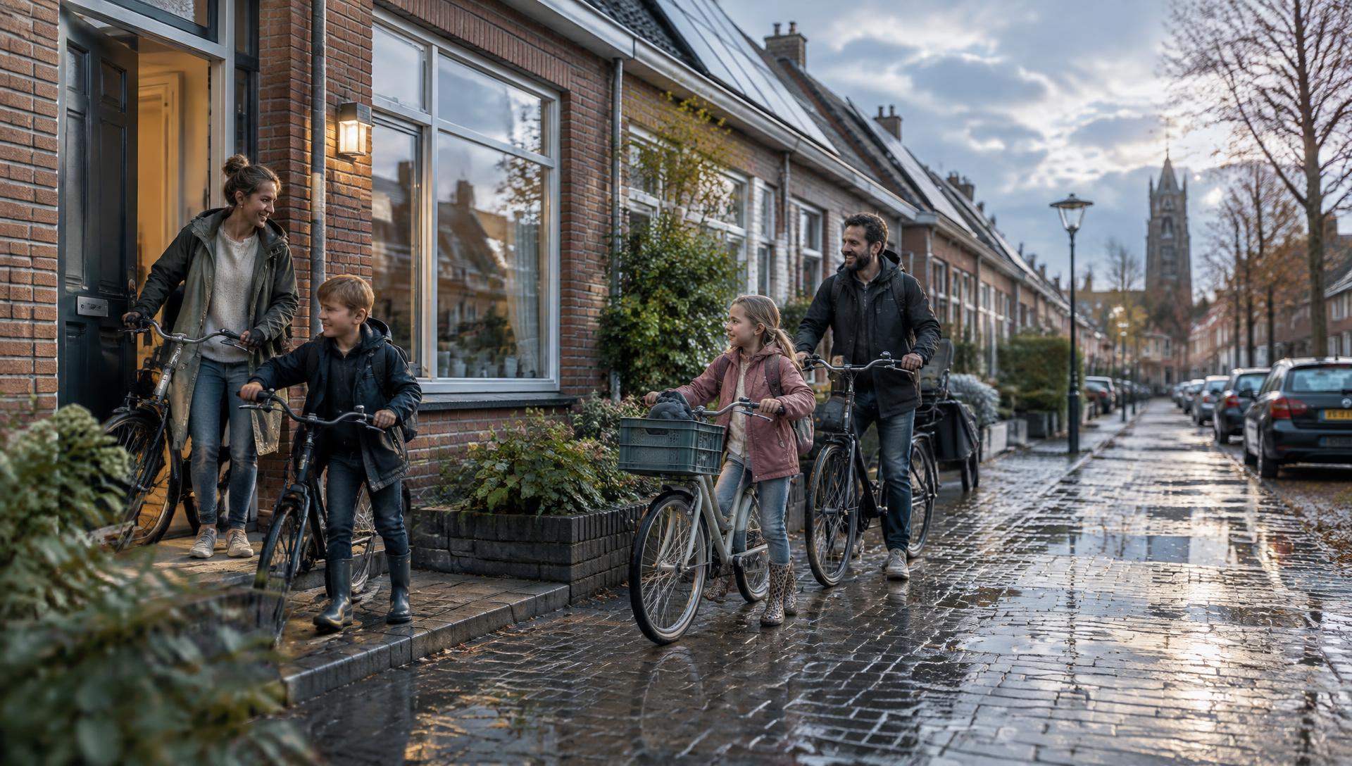 Nederlands gezin met fietsen voor een rijtjeswoning